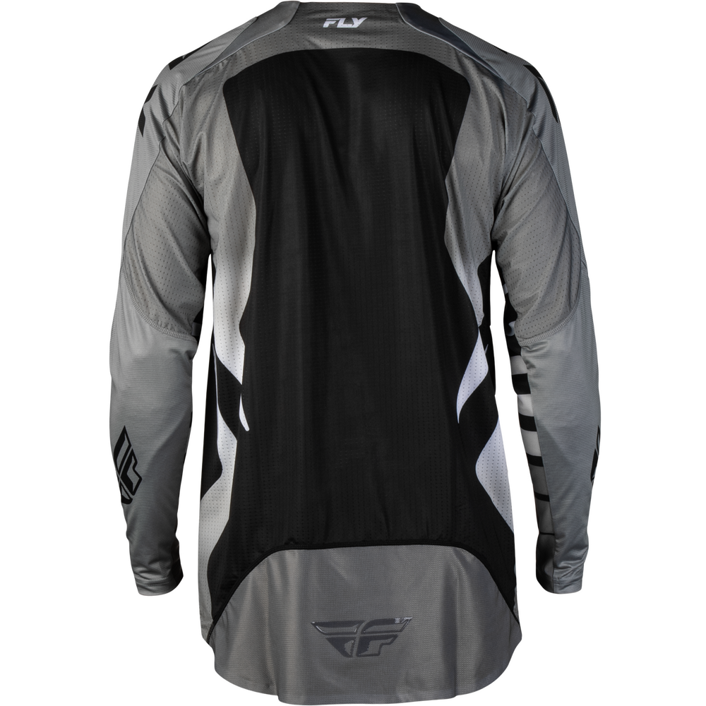 The back view of a long-sleeve motocross jersey in black and gray with white graphic accents, featuring the FLY brand logo on the upper back and lower hem.