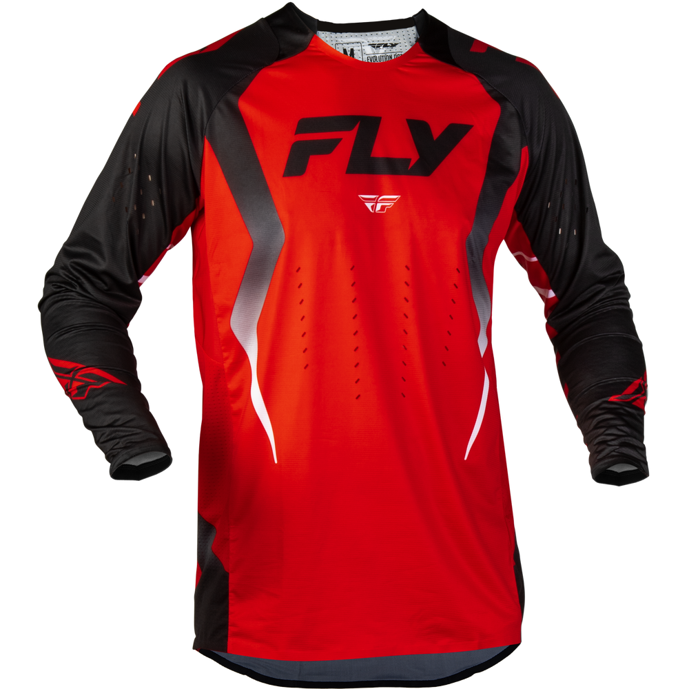 A red and black long-sleeve motocross jersey with the brand name 'FLY' printed in black across the chest, displayed on a clean white background.