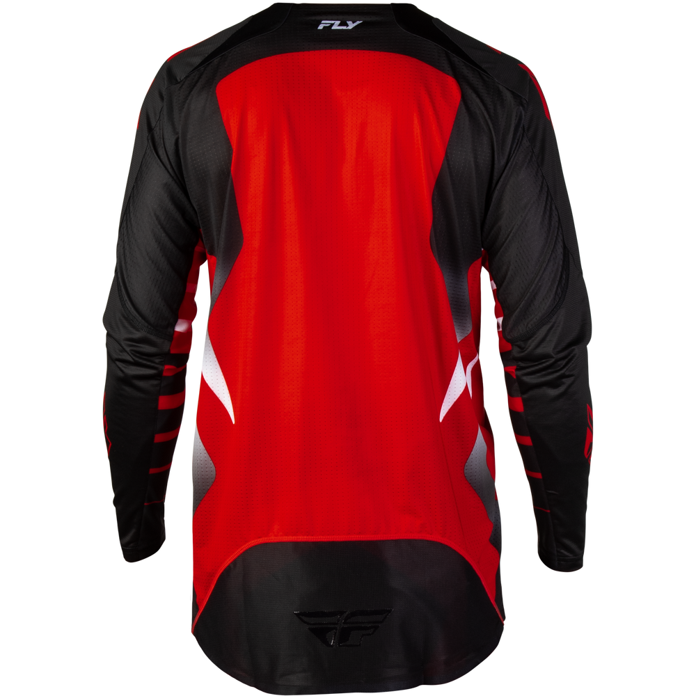 A long-sleeve motocross jersey shown from the back, featuring a bold red and black color-blocked design with white graphic accents and a visible 'FLY' brand logo at the collar.