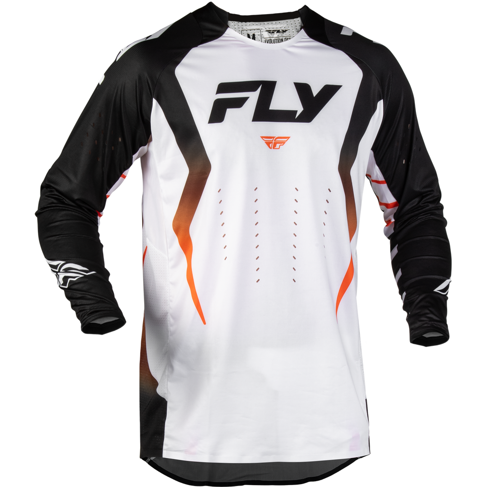 A long-sleeve motocross jersey by Fly, featuring a white body with black sleeves and shoulder panels, accented by orange graphic stripes and the black 'FLY' logo on the chest.