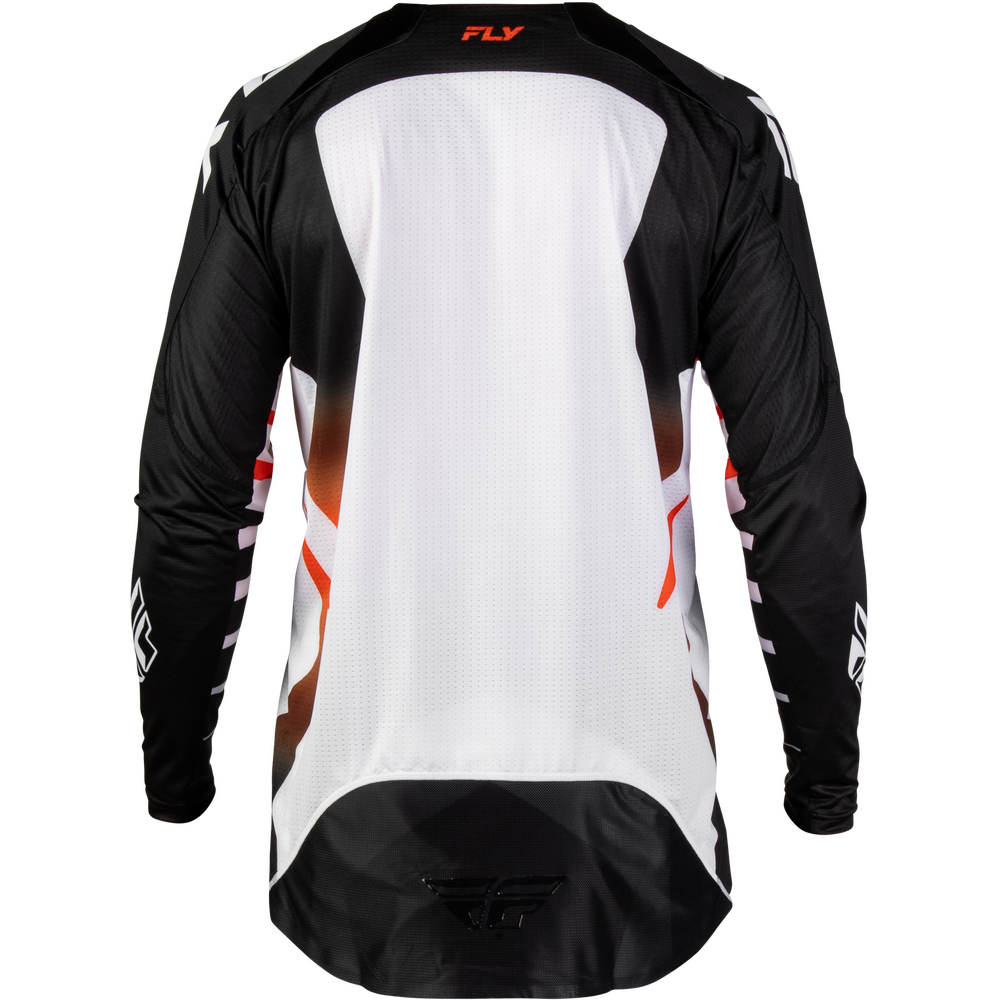 A long-sleeve motocross jersey shown from the back, featuring a white center panel, black sleeves and lower back, and orange graphic accents on the sides and upper back.