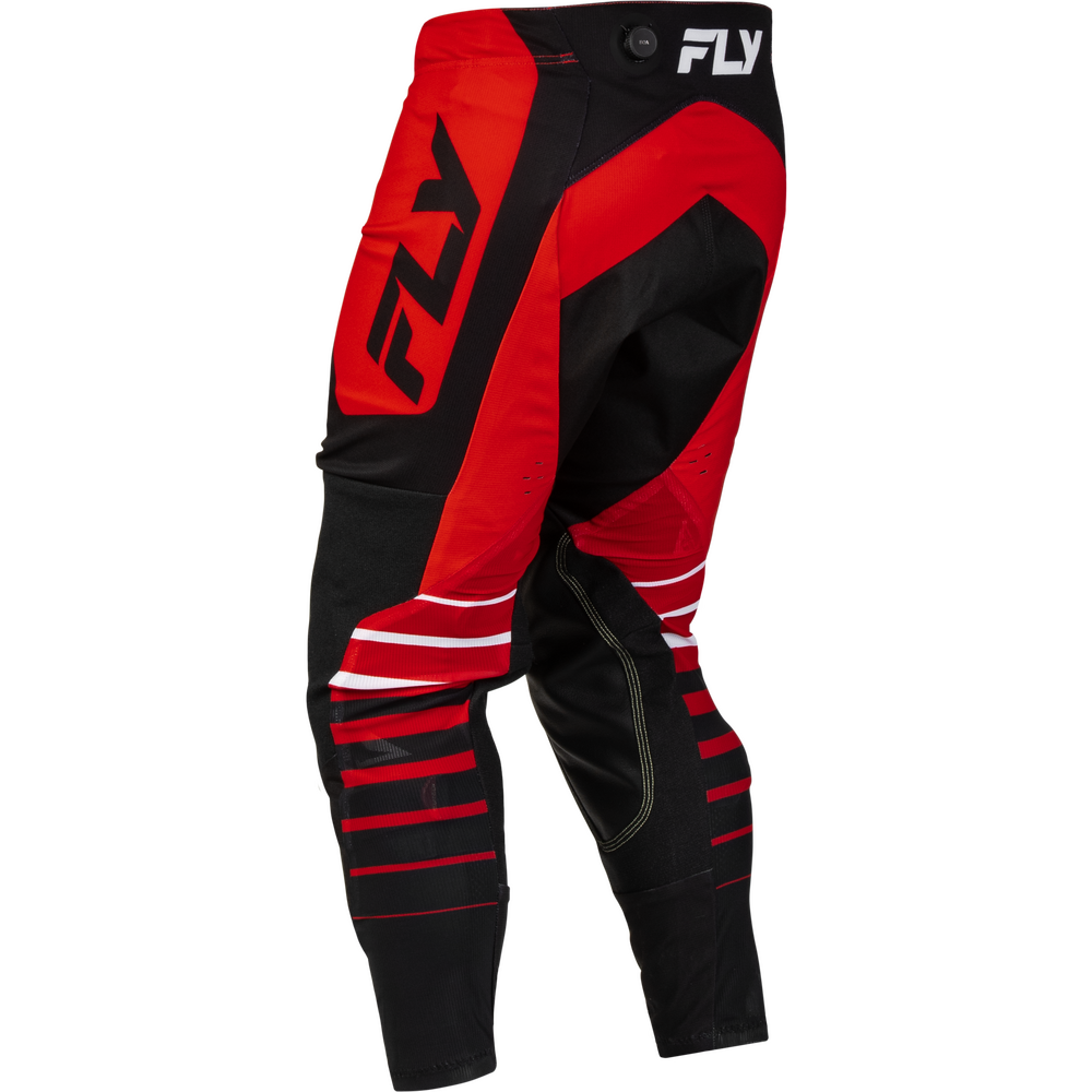 Red and black motocross pants with white and red stripe details on the lower legs, featuring a large black FLY logo on the side and a white FLY logo on the waistband.