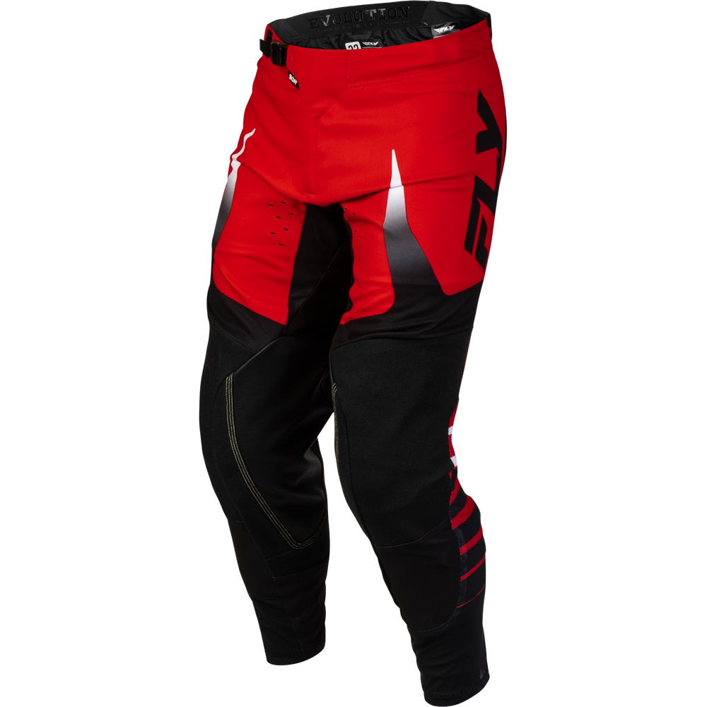 Red and black motocross pants with white and black graphic accents, shown on a plain white background.