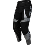 Black and gray Fly Racing motocross pants with a large white 'FLY' logo on the side, shown on a plain white background.