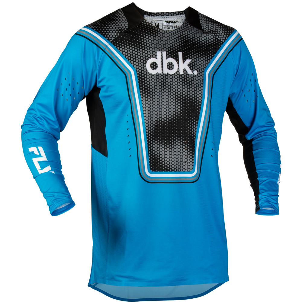 A long-sleeve motocross jersey in bright blue and black, featuring a textured black chest panel with a white 'dbk.' logo, light blue trim, and a white '2' on the right sleeve, shown against a plain white background.