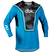 A long-sleeve motocross jersey in bright blue and black, featuring a textured black chest panel with a white 'dbk.' logo, light blue trim, and a white '2' on the right sleeve, shown against a plain white background.