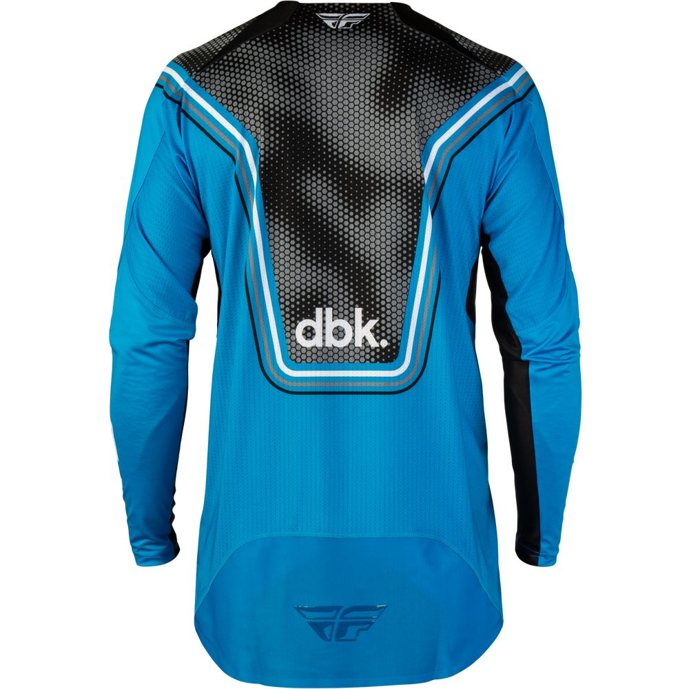 A long-sleeve athletic jersey shown from the back, featuring a bright blue body, a black textured panel across the upper back, and light blue and white trim. The brand name 'dblk' is printed in white on the center of the black panel.
