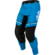 Blue and black motocross pants with a white 'dbk' logo on the side, shown on a plain white background.