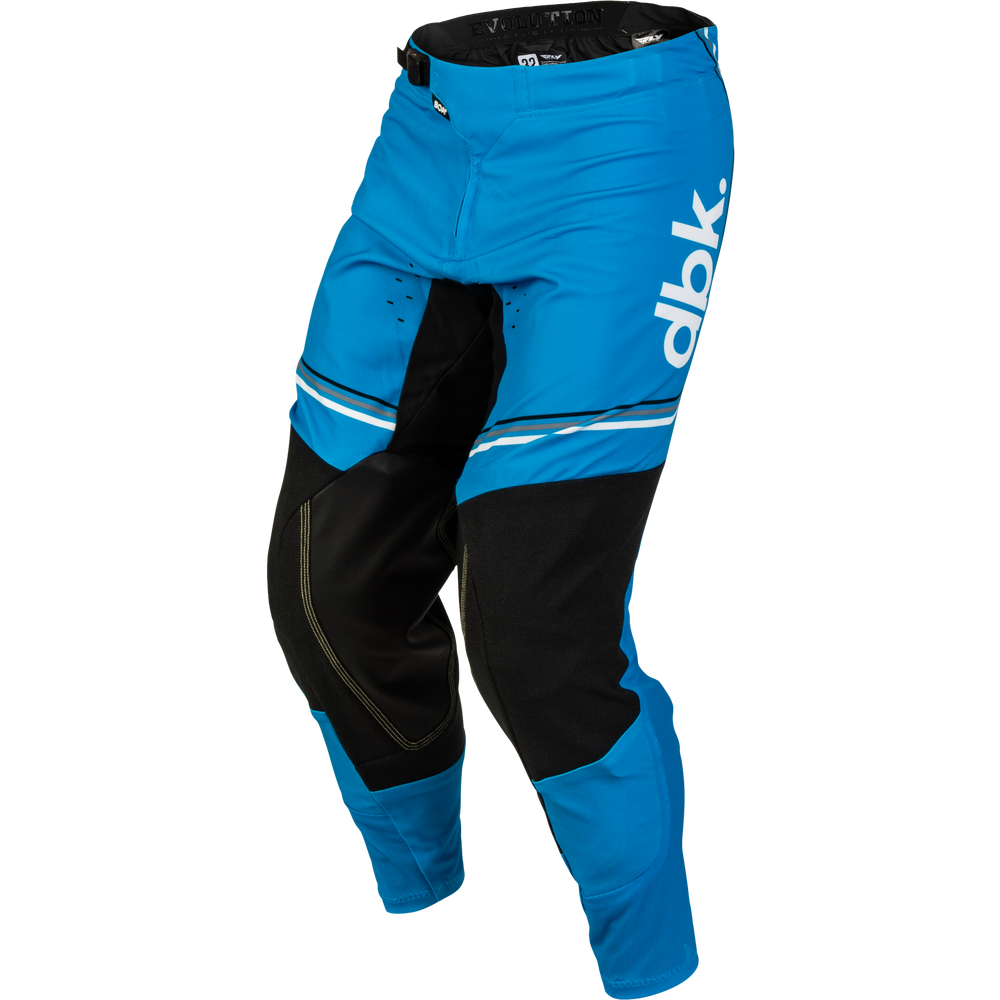 Blue and black motocross pants with a white 'dbk' logo on the side, shown on a plain white background.