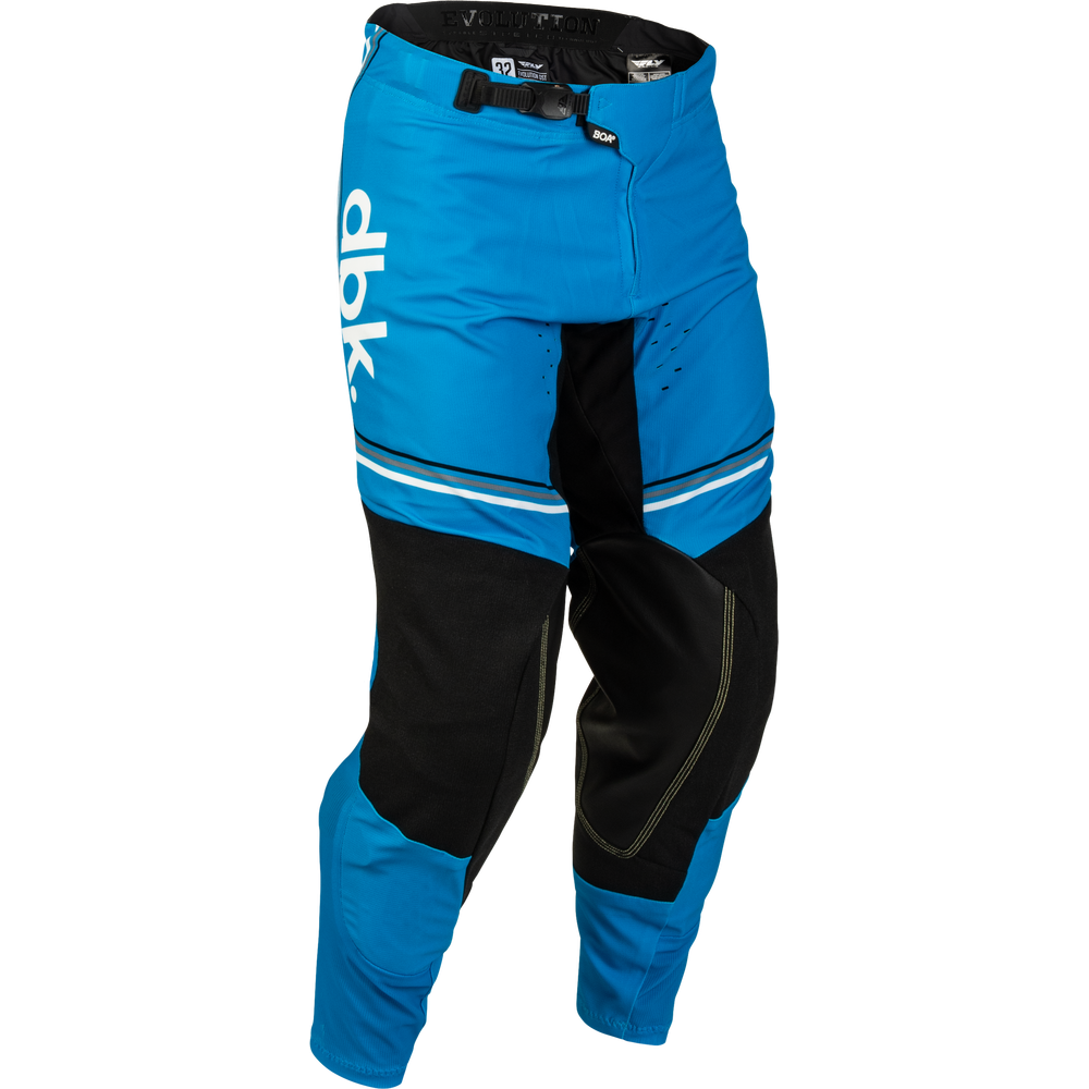 Blue and black motocross pants with a white 'dk' logo on the left thigh, shown on a white background.
