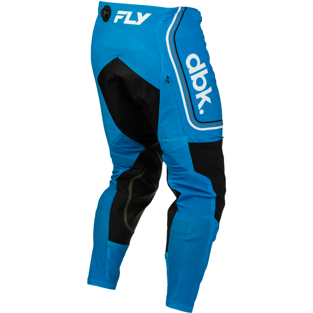 Blue and black motocross pants with white 'FLY' and 'dlbk' branding, shown on a plain white background.