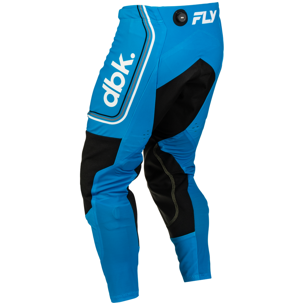 Blue and black motocross pants with white branding, including 'dbl.' on the left thigh and 'FLY' on the right hip, shown against a plain white background.