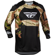 A long-sleeve motocross jersey featuring a black center torso and a camouflage pattern on the sleeves and upper chest. The jersey has a large white stylized 'FF' logo on the chest and smaller matching logos on the sleeves, set against a plain white background.