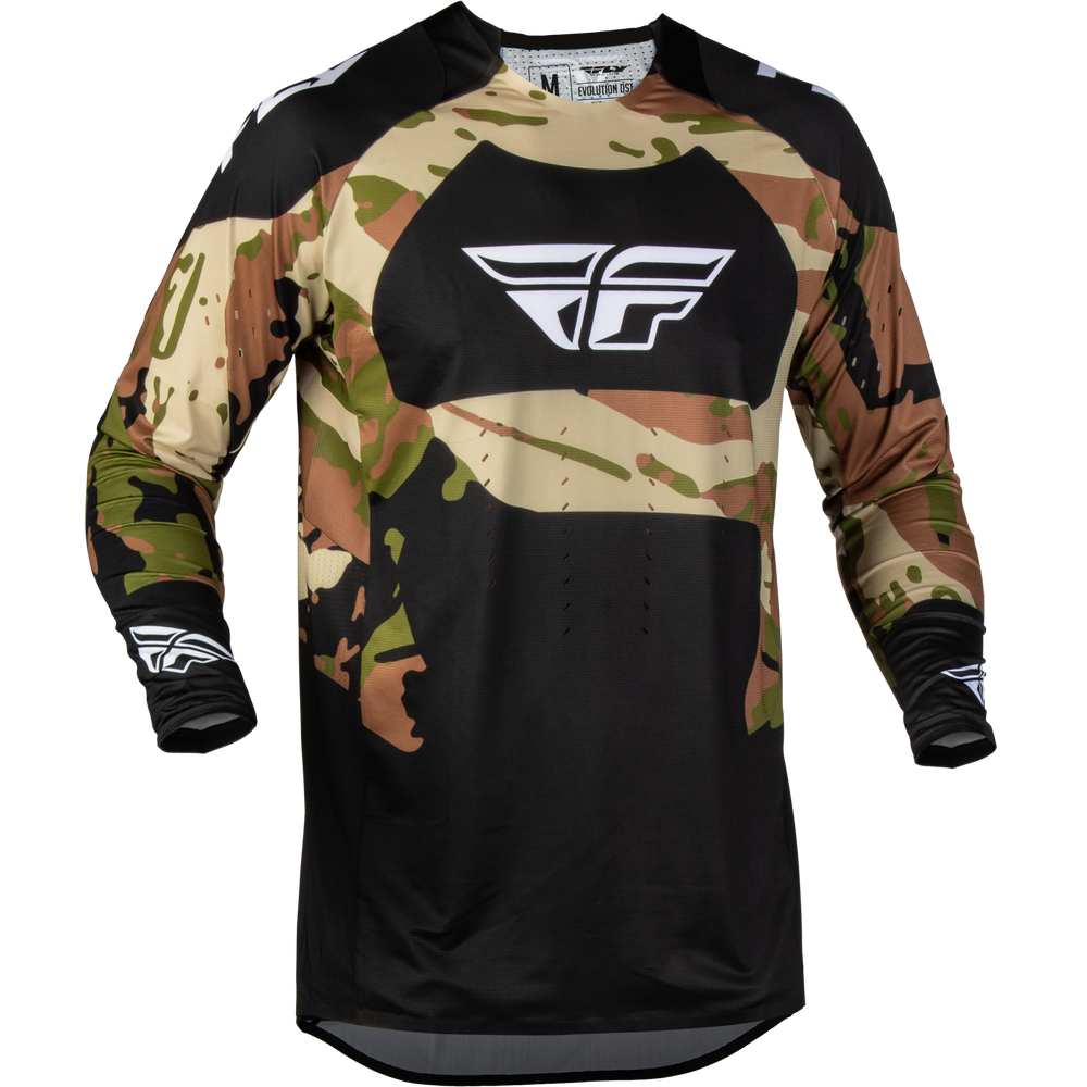 A long-sleeve motocross jersey featuring a black center torso and a camouflage pattern on the sleeves and upper chest. The jersey has a large white stylized 'FF' logo on the chest and smaller matching logos on the sleeves, set against a plain white background.