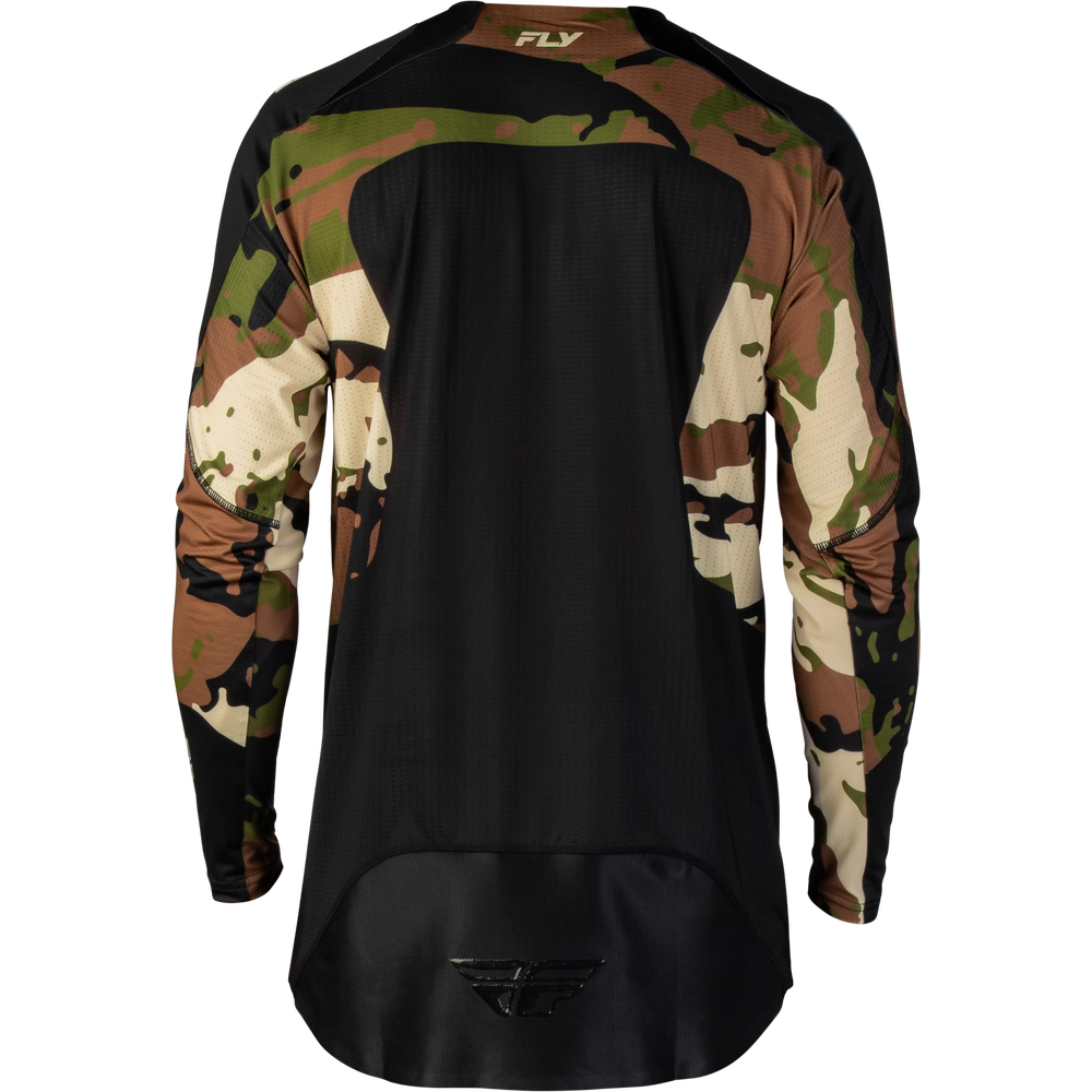 A long-sleeve motocross jersey shown from the back, featuring a solid black back panel and camouflage patterned sleeves and shoulders in green, brown, beige, and black. The brand name 'FLY' is visible on the collar.