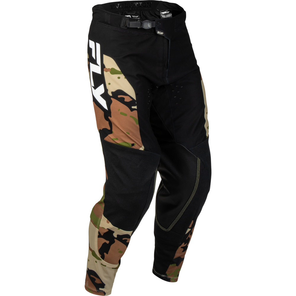 Black motocross pants with camouflage panels on the upper thigh and lower leg, featuring a large white 'FLY' logo on the side, shown against a plain white background.