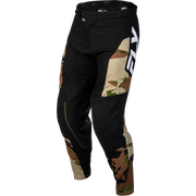 Black motocross pants with large camouflage panels in tan, brown, and green, featuring a bold white and black Fly brand logo on the side, shown against a plain white background.