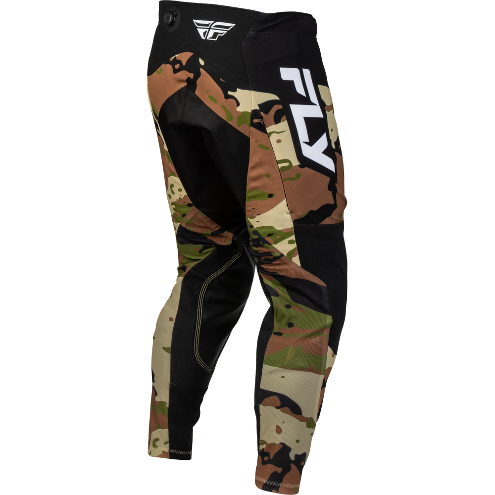 Black Fly Racing motocross pants featuring a camouflage pattern on the upper thighs and lower legs, with a large white 'FLY' logo on the right thigh and a white logo on the left hip, shown against a plain white background.