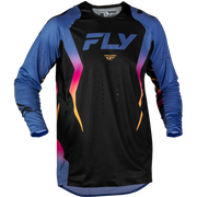 A long-sleeve motocross jersey by Fly Racing, featuring a black torso with a blue 'FLY' logo, blue sleeves, and vibrant pink and orange gradient accents.