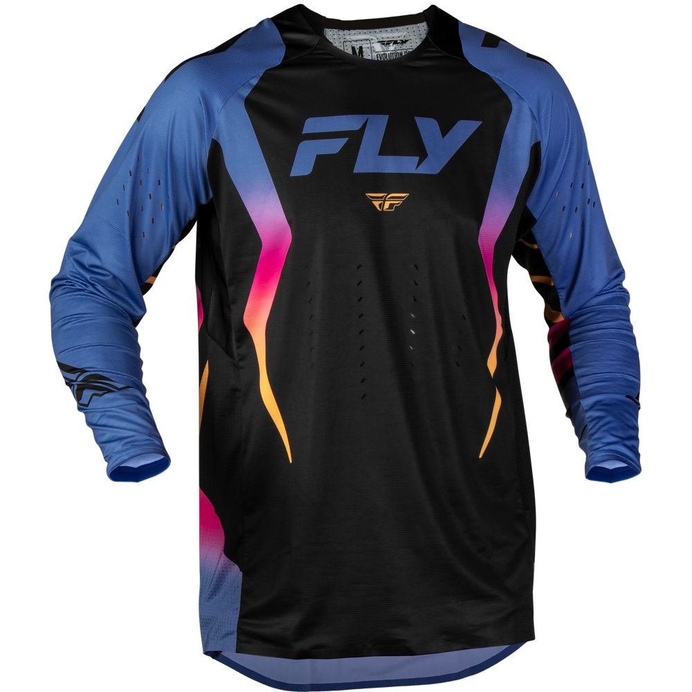 A long-sleeve motocross jersey by Fly Racing, featuring a black torso with a blue 'FLY' logo, blue sleeves, and vibrant pink and orange gradient accents.