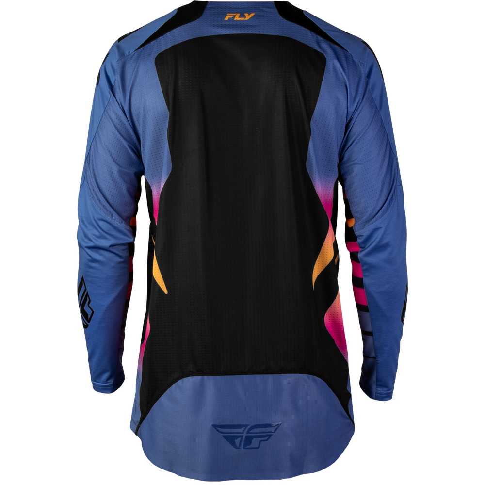 A long-sleeve motocross jersey by Fly Racing, featuring a black torso with a blue 'FLY' logo, blue sleeves, and vibrant pink and orange gradient accents.