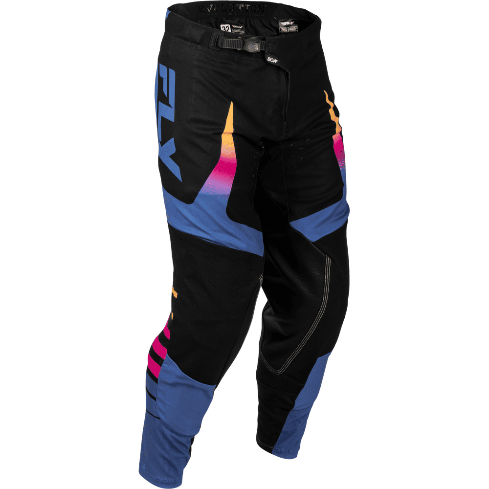 Black motocross pants with blue, pink, and orange graphic accents, featuring a large blue 'FLY' logo on the thigh, shown on a white background.