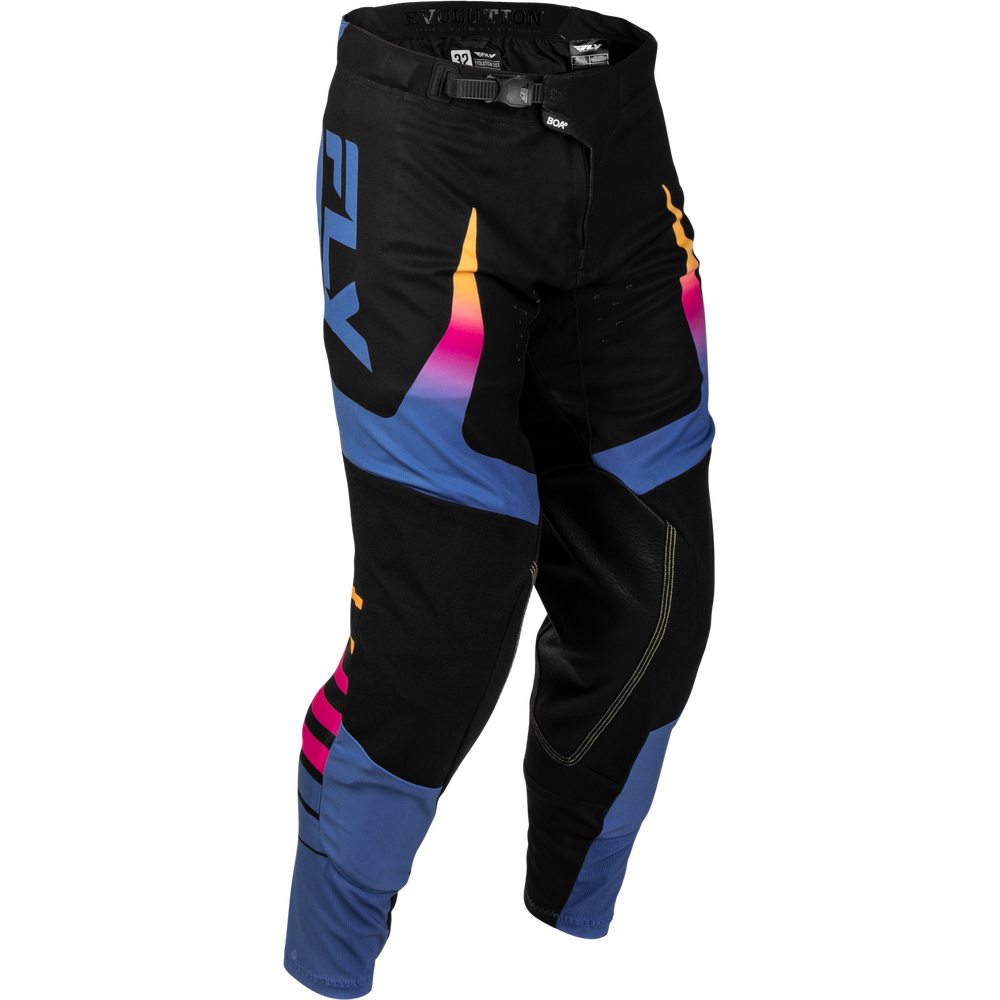 Black motocross pants with blue, pink, and orange graphic accents, featuring a large blue 'FLY' logo on the thigh, shown on a white background.