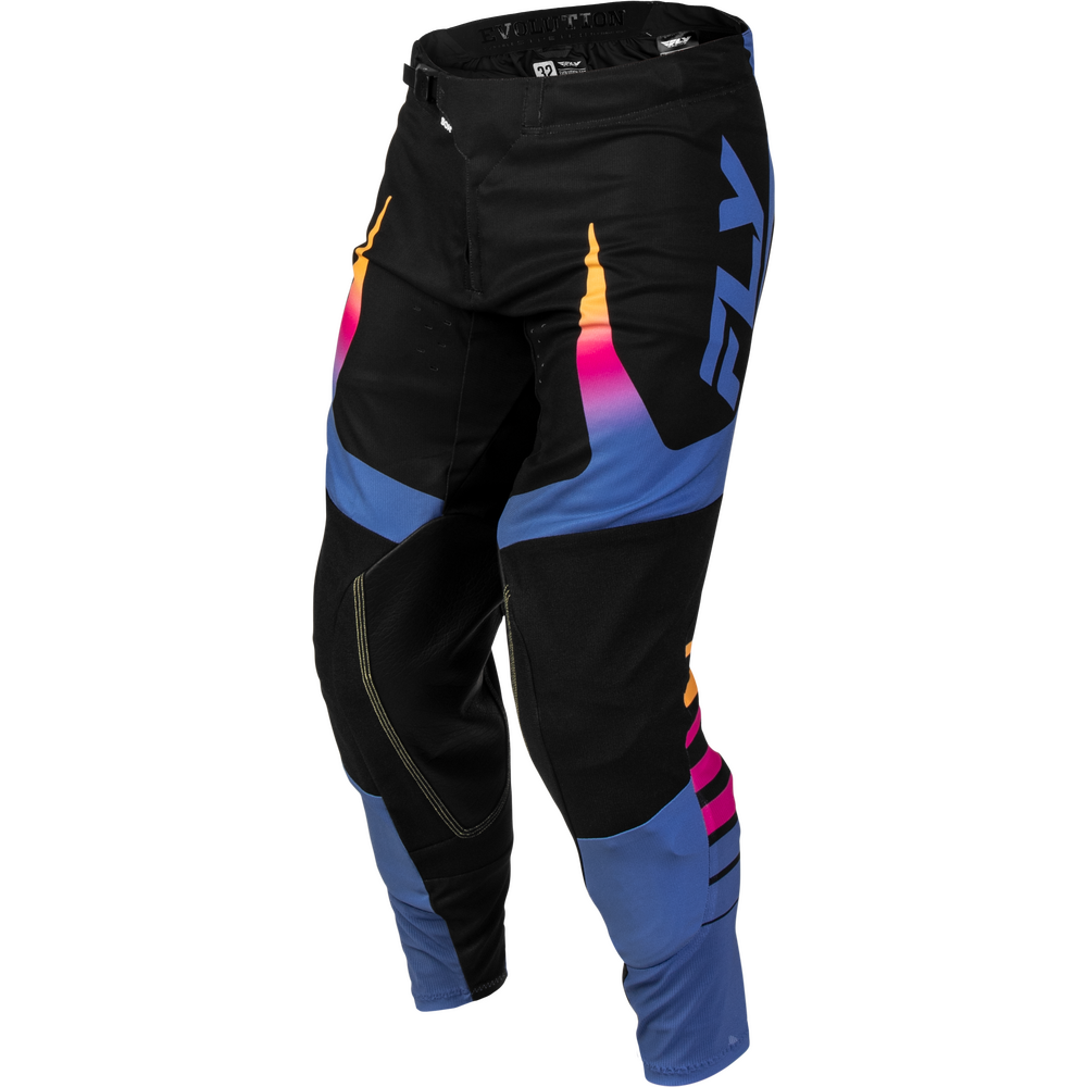 Black motocross pants with blue, pink, and orange graphic accents, featuring a large blue 'FLY' logo on the thigh, shown on a white background.