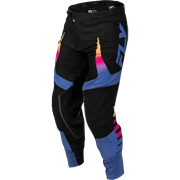 Black motocross pants with blue, pink, and orange graphic accents, featuring a large blue 'FLY' logo on the thigh, shown on a white background.