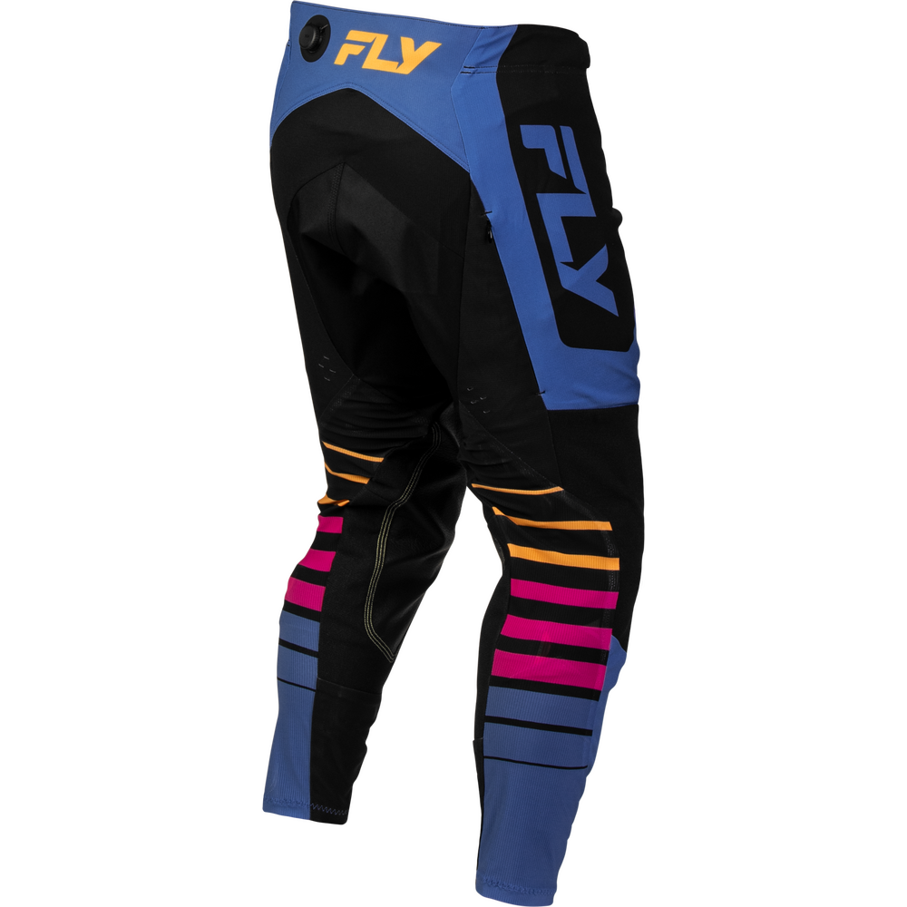 Black motocross pants with blue, pink, and orange graphic accents, featuring a large blue 'FLY' logo on the thigh, shown on a white background.