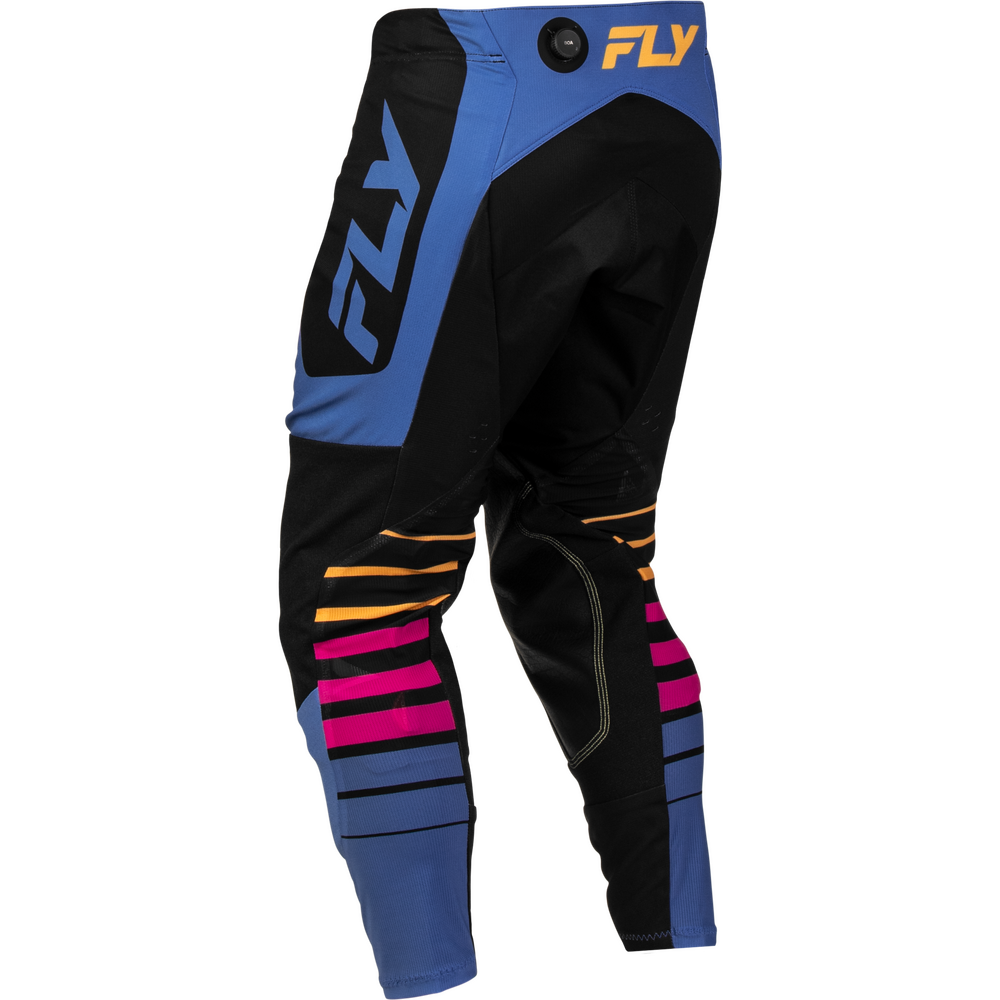 Black motocross pants with blue, pink, and orange graphic accents, featuring a large blue 'FLY' logo on the thigh, shown on a white background.
