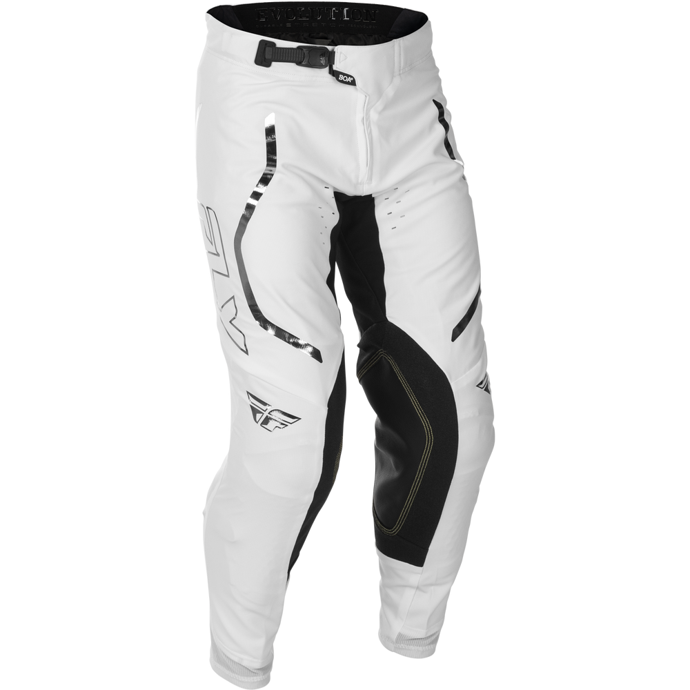 White motocross pants with black panels, black graphics, and a black Fly Racing logo, shown on a plain white background.