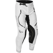 White motocross pants with black panels, black graphics, and a black Fly Racing logo, shown on a plain white background.