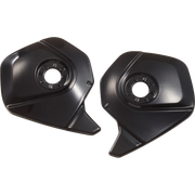 A pair of black motorcycle tank guards or fuel cap covers with a glossy finish, displayed on a clean white background.