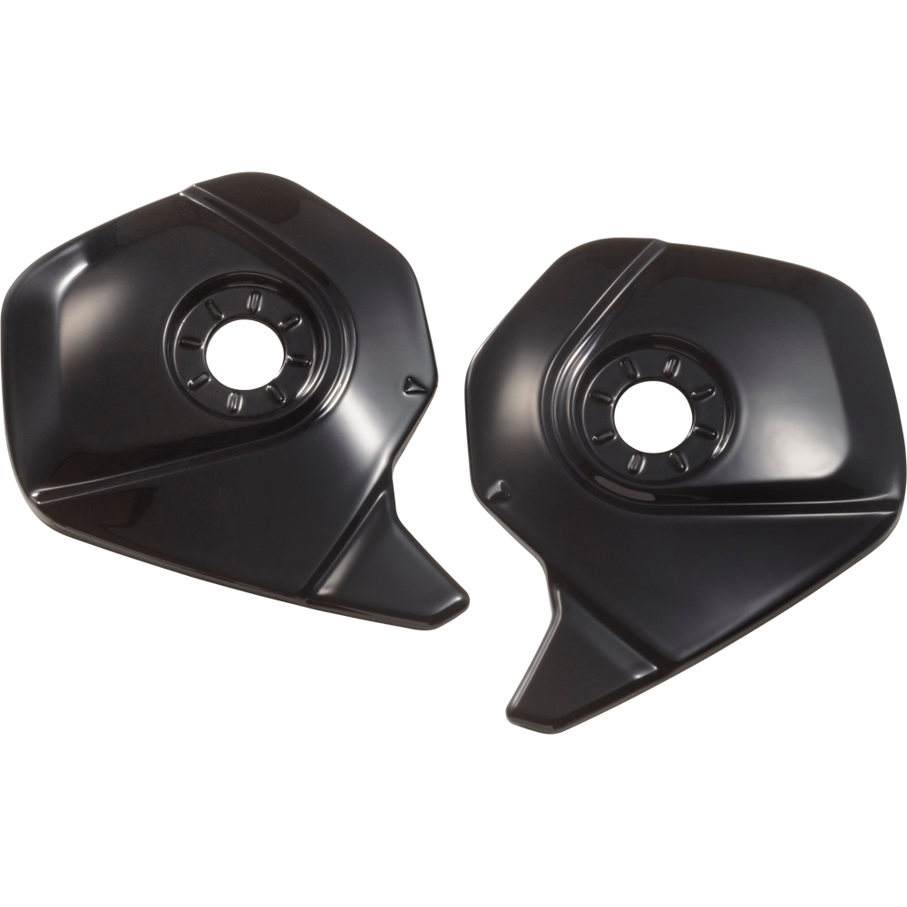 A pair of black motorcycle tank guards or fuel cap covers with a glossy finish, displayed on a clean white background.