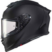 Black motorcycle helmet with clear visor on a white background