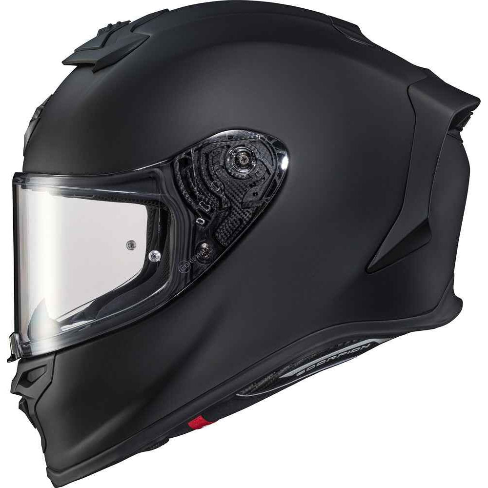 Black motorcycle helmet with clear visor on a white background