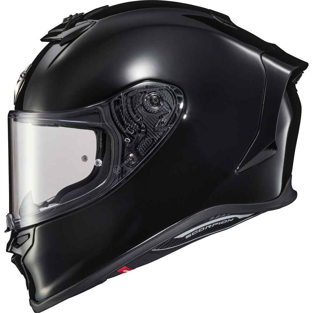 Black motorcycle helmet with clear visor on a white background