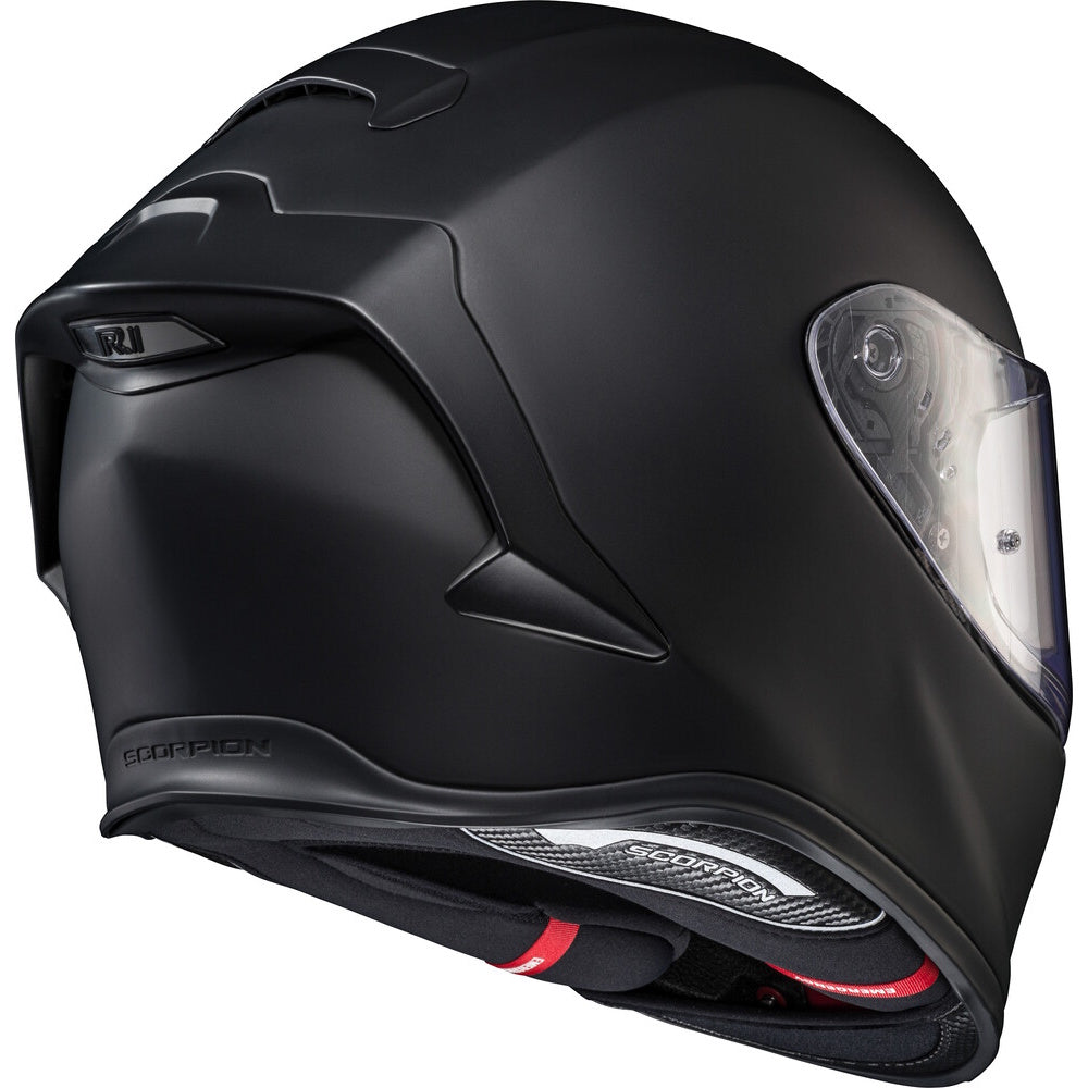 Black motorcycle helmet with clear visor on a white background