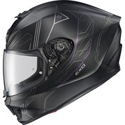 A matte black full-face motorcycle helmet with subtle gray graphic patterns and purple accents, featuring a clear visor and the 'SCORPION EXO' branding on the side.