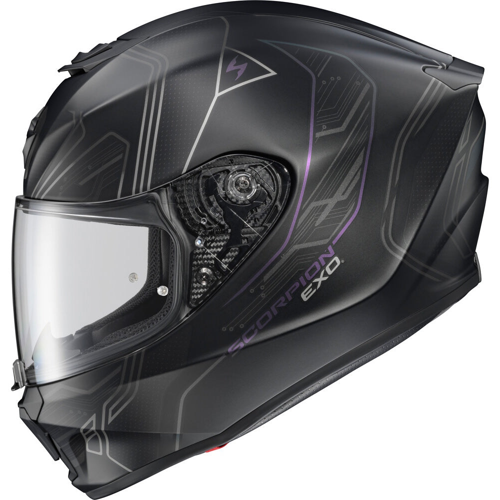 A matte black full-face motorcycle helmet with subtle gray graphic patterns and purple accents, featuring a clear visor and the 'SCORPION EXO' branding on the side.
