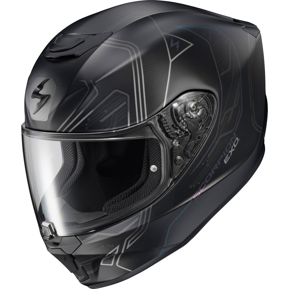 A black full-face motorcycle helmet with a clear visor, featuring subtle gray geometric graphics and a visible 'SCORPION' logo on the side, set against a plain white background.