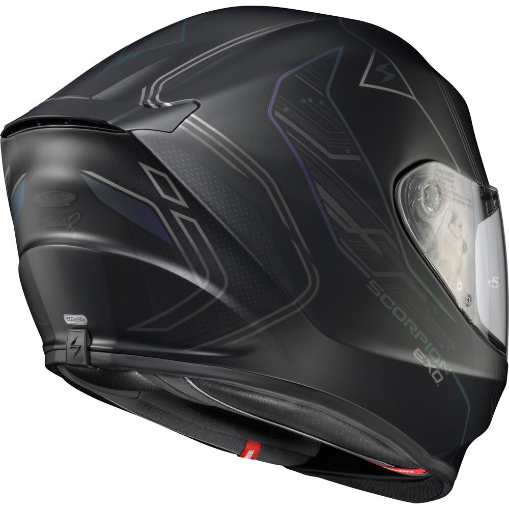 A matte black full-face motorcycle helmet with subtle gray and purple graphic accents, featuring a clear visor and the Scorpion 500 branding on the side.