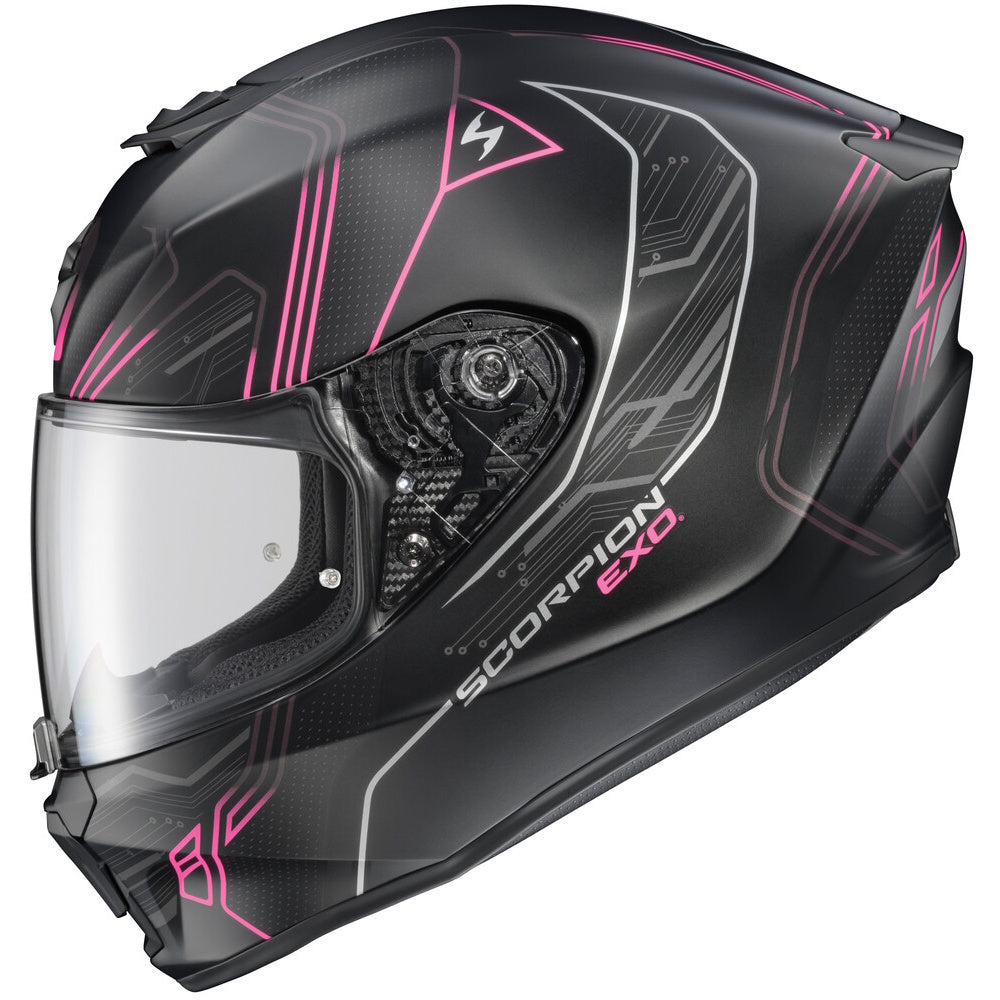 A black full-face motorcycle helmet with pink and white graphic accents, featuring a clear visor and the brand name 'SCORPION EXO' printed on the side.
