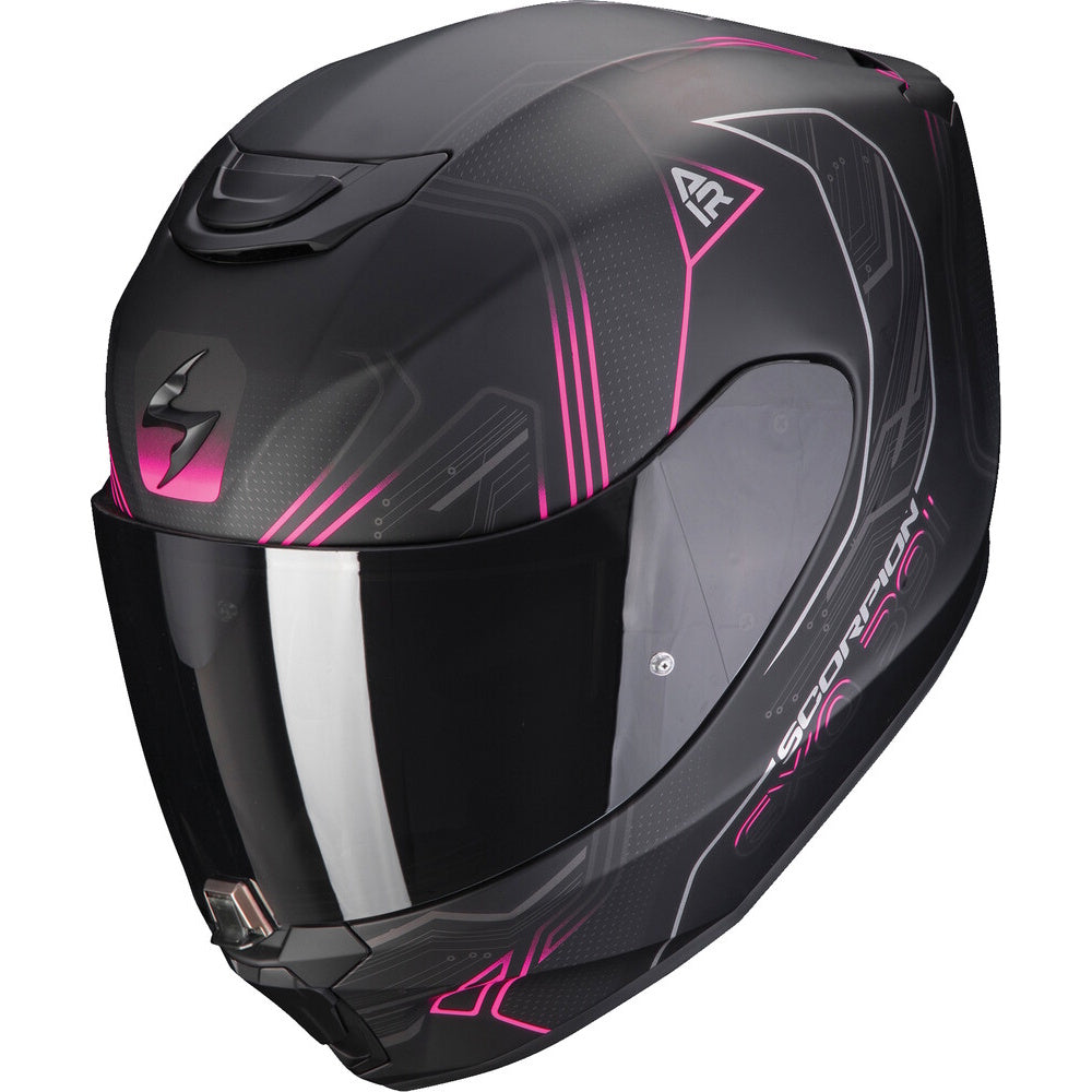 A matte black full-face motorcycle helmet with vibrant pink graphic accents and a dark visor, shown on a plain white background.