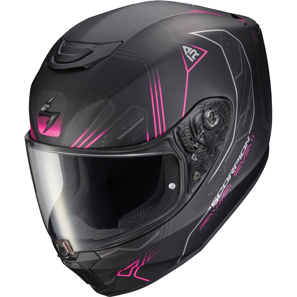 A black full-face motorcycle helmet with vibrant pink graphic accents and a clear visor, shown from a three-quarters angle on a white background.