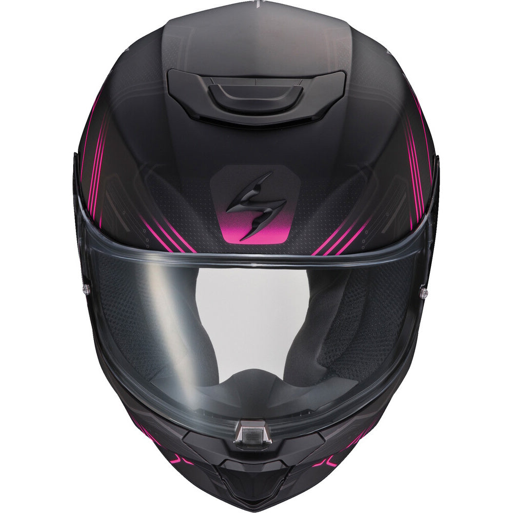 A full-face motorcycle helmet in matte black with vibrant pink graphic accents and a clear visor, shown against a plain white background.