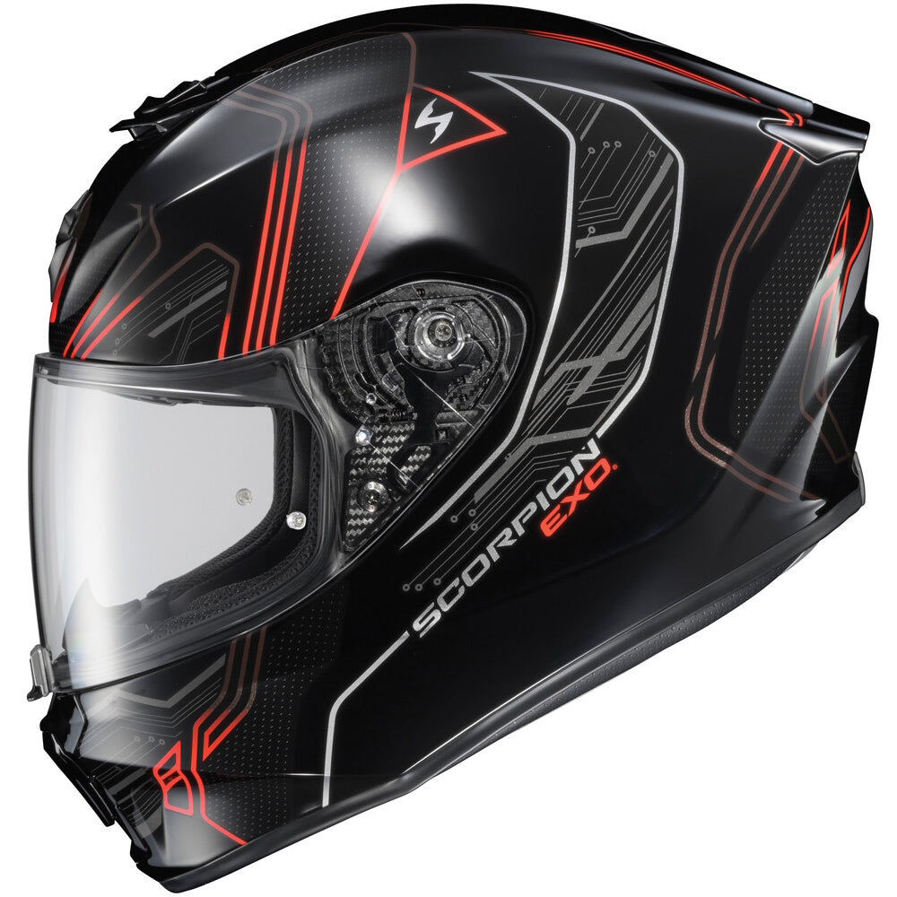 A Scorpion EXO full-face motorcycle helmet in glossy black with red and white graphic accents, featuring a clear visor.