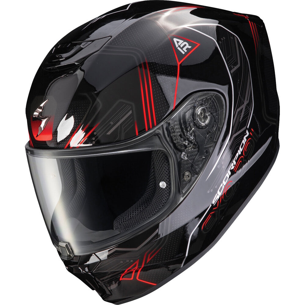 A glossy black full-face motorcycle helmet with red graphic stripes, a clear visor, and white and red branding details, shown on a plain white background.