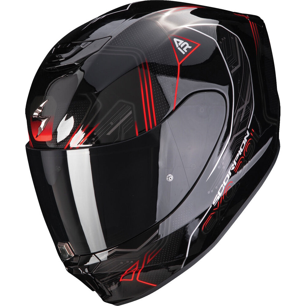 A glossy black full-face motorcycle helmet with red graphic accents and a clear visor, shown on a plain white background.